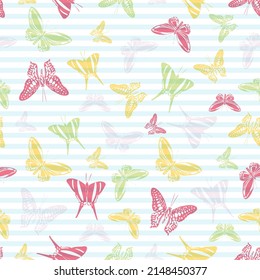 Flying elegant butterfly silhouettes over horizontal stripes vector seamless pattern. Baby clothing fabric print design. Lines and butterfly winged insect silhouettes seamless pattern.