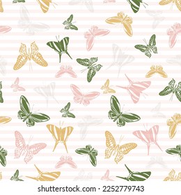 Flying elegant butterfly silhouettes over striped background vector seamless pattern. Childish fashion textile print design. Stripes and butterfly winged insect silhouettes seamless pattern.