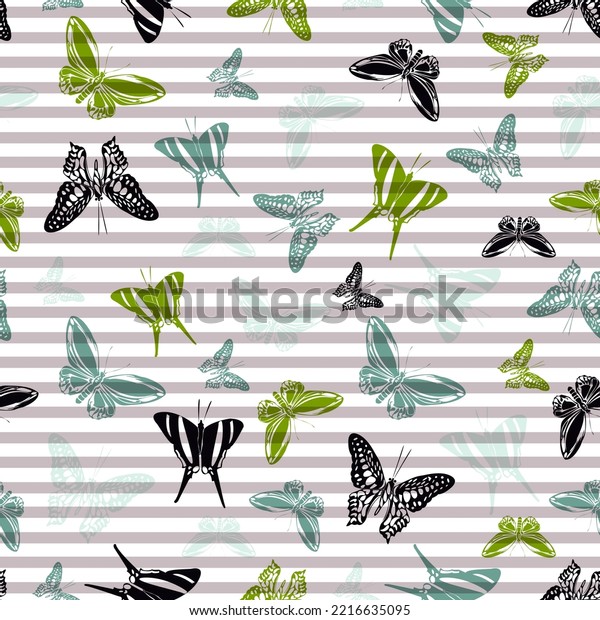 Flying elegant butterfly silhouettes over striped background vector seamless pattern. Childish fashion textile print design. Stripes and butterfly garden insect silhouettes seamless wallpaper.
