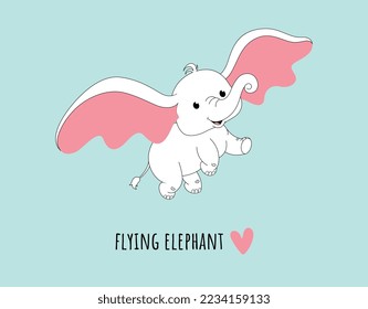 Flying elephant doodle. White tropical animal with big ears. African style and savannah. Design element for invitation and greeting postcard. Imagination and fantasy. Cartoon flat vector illustration