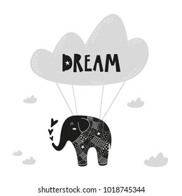 Flying elephant poster for baby room, greeting card, print on the wall, pillow, decoration kids interior, baby wear and t-shirts 
