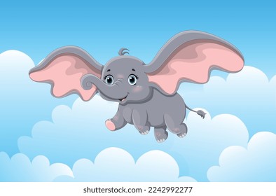 Flying elephant in sky. Fantasy and imagination, animal with large gray trunk flies on its ears. Greeting card for children. Fairy tale and fictional character. Cartoon flat vector illustration