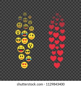 Flying Emoji and hearts. Various emoji in move. Red hearts in move. Expression of audience emotions. The level of popularity of video broadcasts of users. Vector illustration.