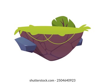 Flying empty island. Floating platform. A piece of land, grass, bush, rock. Part of the game map. New level in the game. Fantasy landscape. Template. Vector illustration isolated on white background.