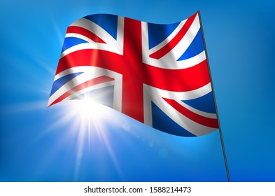 Flying English flag and blue sky with shiny sun - vector illustration
