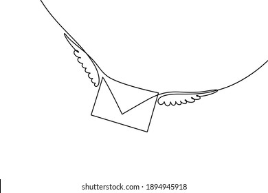 Flying envelope in continuous line art drawing style. Letter with wings minimalist black linear design isolated on white background. Vector illustration