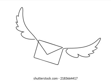 Flying envelope in continuous line art drawing style. Letter with wings minimalist black linear design isolated on white background. Vector illustration