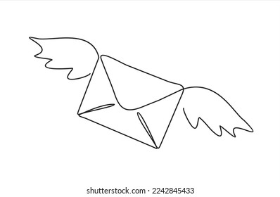 Sobre volador en estilo de dibujo de línea continua. Carta con alas de diseño lineal negro minimalista aislado sobre fondo blanco. Ilustración del vector