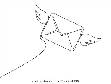 Flying envelope in continuous line art drawing style. Letter with wings minimalist black linear design isolated on white background. Vector illustration