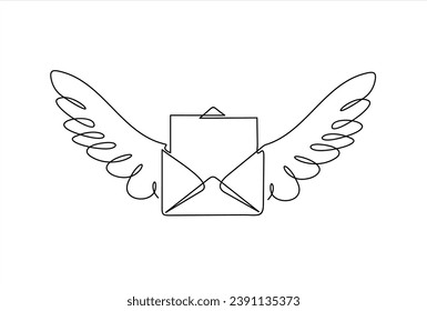 Sobre volador en estilo de dibujo de línea continua. Carta con alas de diseño lineal negro minimalista aislado sobre fondo blanco. Ilustración del vector