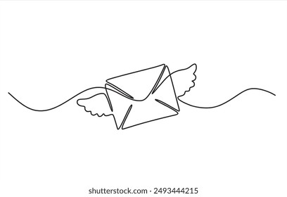 Sobre volante en estilo de dibujo de arte en línea continua. Carta con alas diseño lineal minimalista negro aislado sobre fondo blanco. Ilustración vectorial