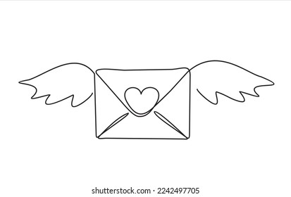 Flying envelope with heart in continuous line art drawing style. Letter with wings minimalist black linear design isolated on white background. Vector illustration