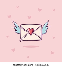 Flying envelope with heart stamp and wings in doodle style on pink background with hearts