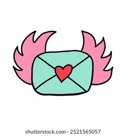 Flying envelope with heart stamp and wings in doodle style. Hand drawn cute envelope with wings and pink heart isolated on white background Send your declaration of love in envelope for Valentines Day