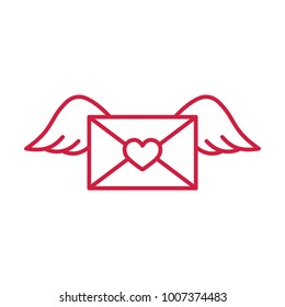 Flying Envelope. Letter With Wings Line Red Icon On White Backgr