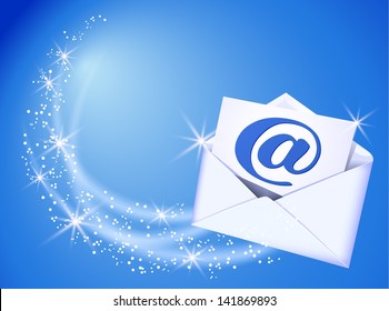 Flying Envelope And Paper With E-mail Sign