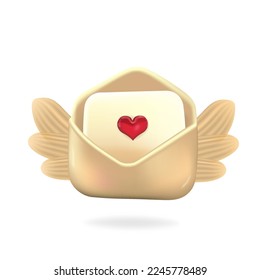 Flying envelope with a sheet of paper and a heart inside. Golden envelope with wings, heart and 3D paper inside. High resolution vector