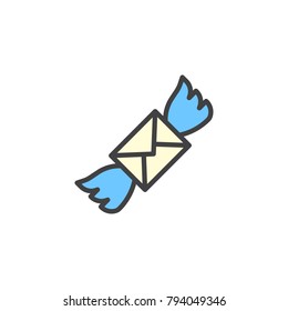 Flying envelope with wings filled outline icon, line vector sign, linear colorful pictogram isolated on white. Love letter symbol, logo illustration. Pixel perfect vector graphics