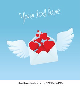 Flying envelope with wings filled with red hearts