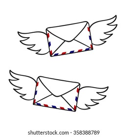 Flying Envelope With Wings Hand Drawn.  Mail Doodle Sketch Vector Illustration.