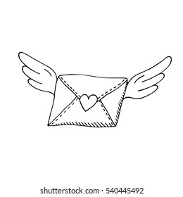 Flying envelope with wings and heart.