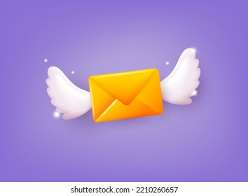 Flying Envelope Wings, Incoming Mail Notify, Newsletter And Online Email Concept. 3D Web Vector Illustrations.