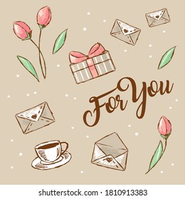 Flying envelopes with tulips, cup of tea and gift, "For you", hand-drawn.