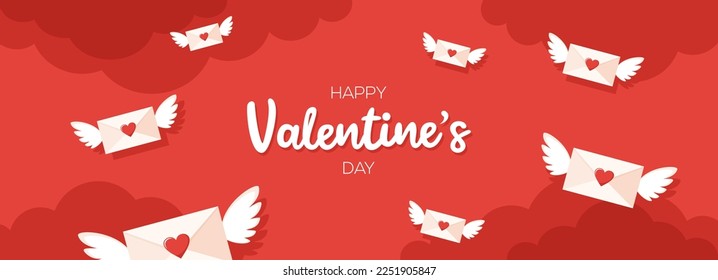 Flying envelopes with wings, greeting text and clouds on a red background. Valentine's day greeting banner. Flat vector illustration