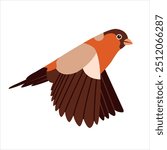 Flying Eurasian Bullfinch. Cute cosy clip art for Christmas, New Year card. Flat Design. Illustration with winter bird in cartoon style. Vintage vector sticker.