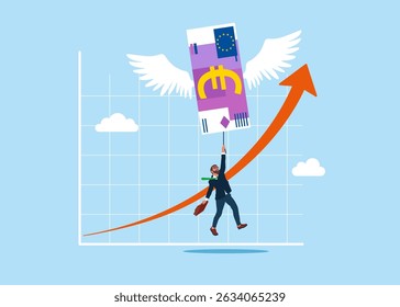 Flying euro banknote with wings like a bird currency floats higher. Savings are growing, investment, wealth, spending, inflation and loss of savings. Modern vector illustration in flat style