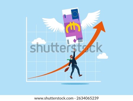 Flying euro banknote with wings like a bird currency floats higher. Savings are growing, investment, wealth, spending, inflation and loss of savings. Modern vector illustration in flat style