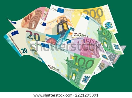 Flying of Euro banknotes. Vector illustration.