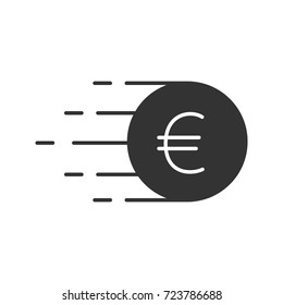 Flying euro coin glyph icon. Silhouette symbol. European Union currency. Negative space. Vector isolated illustration