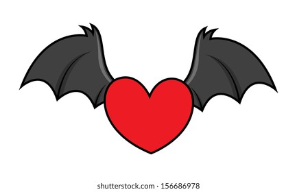 Flying Evil Heart With Bat Wings - Halloween Vector Illustration