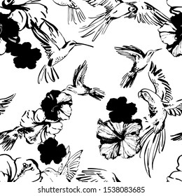 Flying exotic birds and hibiscus flowers seamless pattern. Black and white sketch of parrots, hummingbirds, botanical florals. Art background for textile, fabric, wallpaper etc. Vector, EPS 10