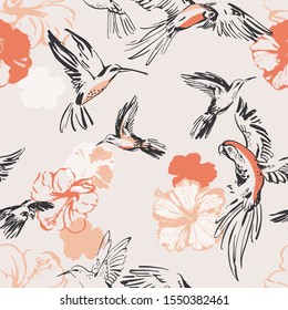 Flying exotic birds and hibiscus flowers seamless pattern. Line art sketch of parrots, hummingbirds, botanical florals. Art background for textile, fabric, wallpaper etc. Vector, EPS 10