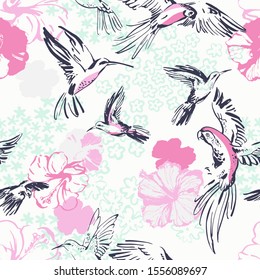 Flying exotic birds and hibiscus flowers seamless pattern. Line art sketch of parrots, hummingbirds, botanical florals. Art background for textile, fabric, wallpaper etc. Vector, EPS 10