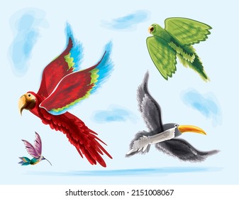 flying exotic birds macaw, toucan and parrot