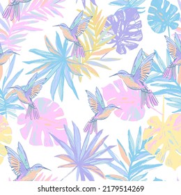 Flying exotic birds, palm, monstera leaves seamless pattern. Colorful humming bird, jungle ink sketch background. Summer tropical wildlife vector illustration for wallpaper, textile, fabric design