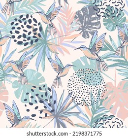 Flying exotic birds, palm, monstera leaves seamless pattern. Humming bird, minimal ink shapes, tropical leaves sketch background. Summer vector illustration for wallpaper, textile, fabric design