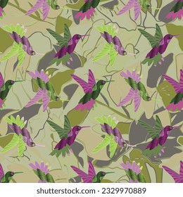 Aves exóticas que vuelan sin fisuras. Ilustración vectorial Flying exotic birds jungle forest Background. Arte de verano de la fauna silvestre para papel pintado, textiles.
