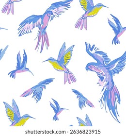 Flying exotic birds seamless pattern. Colorful parrots, humming bird background. Hand drawn bird ink sketch. Summer tropical wildlife vector illustration for paper, wallpaper, textile, Hawaiian shirt