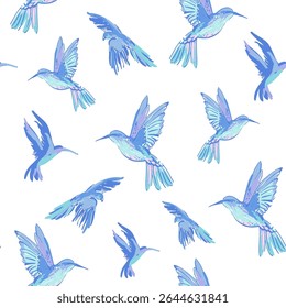 Flying exotic birds seamless pattern. Colorful parrots, humming bird background. Hand drawn bird ink sketch. Summer tropical wildlife vector illustration for paper, wallpaper, textile, Hawaiian shirt