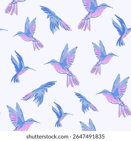 Flying exotic birds seamless pattern. Colorful parrots, humming bird background. Hand drawn bird ink sketch. Summer tropical wildlife vector illustration for paper, wallpaper, textile, Hawaiian shirt