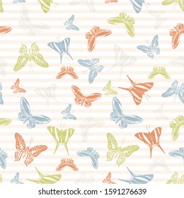 Flying exotic butterfly silhouettes over striped background vector seamless pattern. Kids fashion textile print design. Stripes and butterfly winged insect silhouettes seamless pattern.