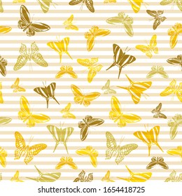 Flying exotic butterfly silhouettes over striped background vector seamless pattern. Kids fashion textile print design. Stripes and butterfly winged insect silhouettes seamless wrapping.