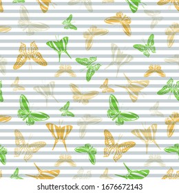 Flying exotic butterfly silhouettes over horizontal stripes vector seamless pattern. Childish fashion textile print design. Stripes and butterfly winged insect silhouettes seamless wrapping.