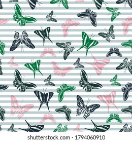 Flying exotic butterfly silhouettes over horizontal stripes vector seamless pattern. Baby clothing textile print design. Lines and butterfly winged insect silhouettes seamless pattern.