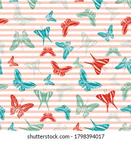 Flying exotic butterfly silhouettes over horizontal stripes vector seamless pattern. Girlish fashion fabric print design. Stripes and butterfly winged insect silhouettes seamless wrapping.