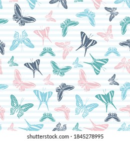 Flying exotic butterfly silhouettes over horizontal stripes vector seamless pattern. Childish fashion textile print design. Stripes and butterfly winged insect silhouettes seamless design.
